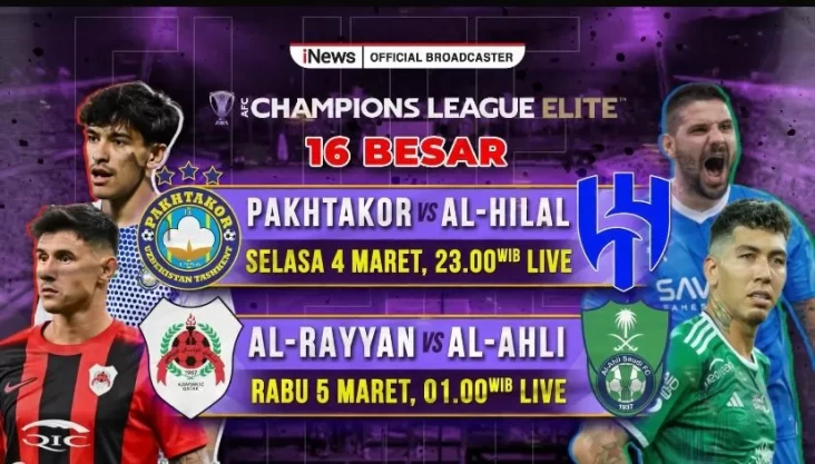 Live pada iNews! Al Hilal vs Pakhtakor pada area Babak 16 Besar AFC Champion League, Waktu petang Hal ini Waktu 23.00 Waktu Indonesia Barat